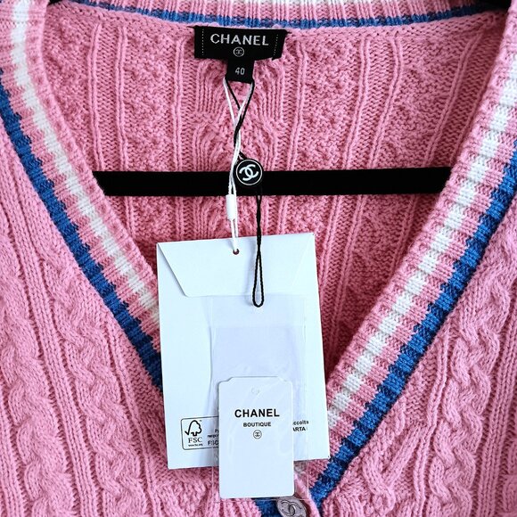CHANEL Pink Knit Wool Blend Cardigan Button Up Sweater W/Blue White Stripes 40 - Picture 3 of 9